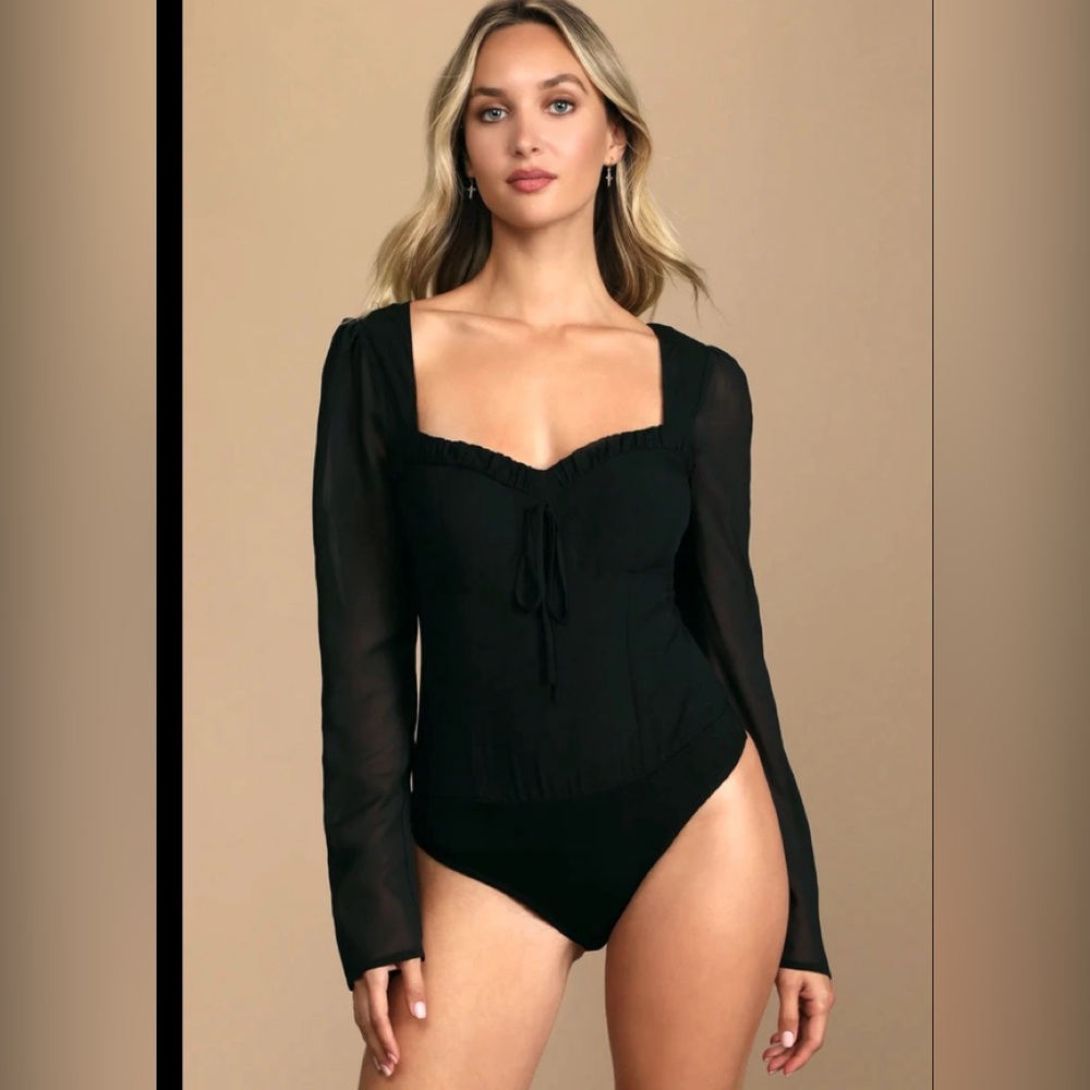 Lulus - Be Your Date Black Bustier Backless Long Sleeve Bodysuit - Size S NWT